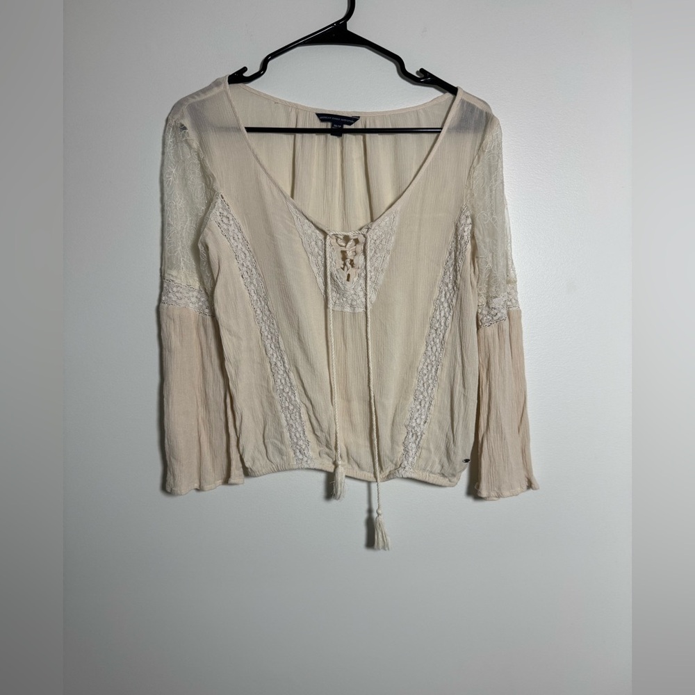 American Eagle Cream Lace Peasant Top XS Boho Tie Front